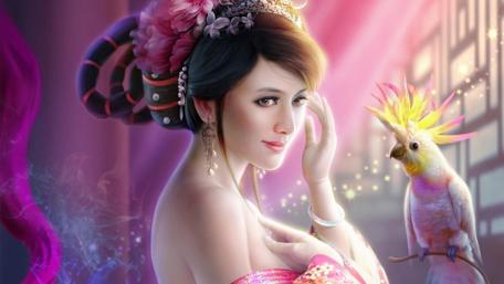 Mystical Encounter with a Parrot Lady wallpaper