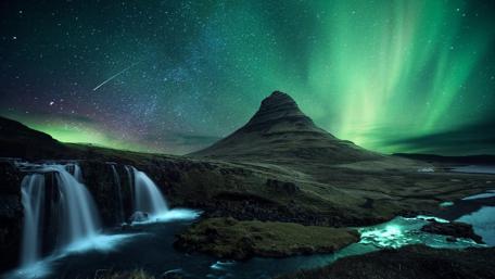 Aurora Over Mountain and Waterfall wallpaper