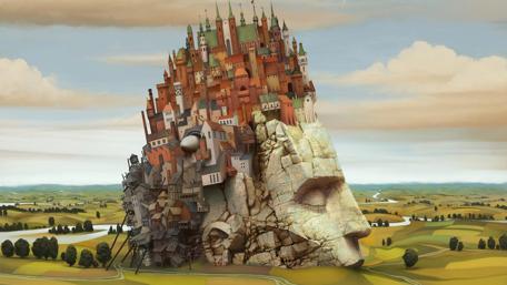 Surreal Cityscape Emerging from Stone Head wallpaper