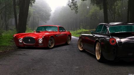 Misty Roadside Encounter with Vintage Classics wallpaper