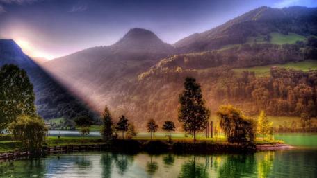 Serene Morning by the Lake in Sunlight wallpaper
