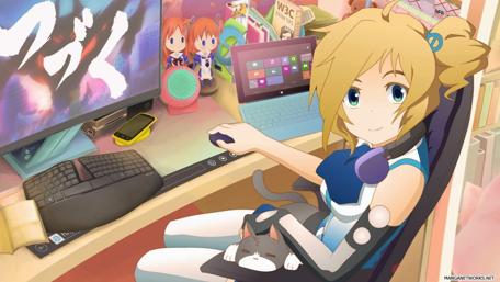 Charming Anime Girl in a Cozy Gaming Setup wallpaper