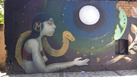 Mystical Mural of Serpent and Moonlight wallpaper
