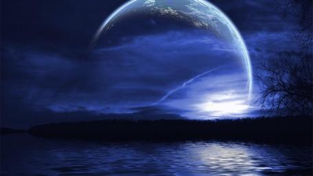 Futuristic Tranquil Waterscape Under Moonlight wallpaper