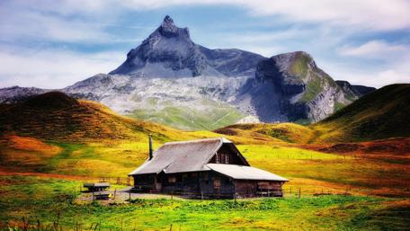 Tranquil Cottage in the Alps Landscape wallpaper