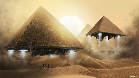 Ancient Pyramids Meet Futuristic Flight wallpaper