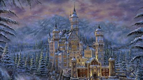 Enchanted Snowy Castle amidst Fairy Forest wallpaper