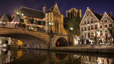 Historic Ghent Nightscape Reflection wallpaper