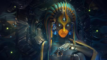 Mystical Cyborg Queen in Neon Realm wallpaper