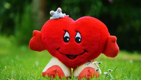 Heart-Shaped Plush Toy Grinning on Grass wallpaper