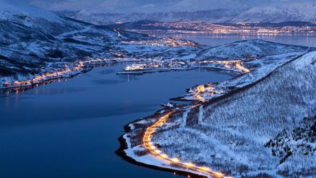 Winter Wonderland Over Norwegian Fjord Nightscape wallpaper