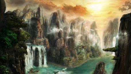 Majestic Fantasy Landscape at Sunset wallpaper