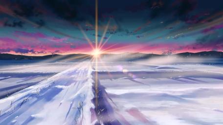 Radiant Sunrise Over Snowy Peaks in Anime Style wallpaper