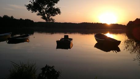 Serene Sunset Over Calm Lake Waters wallpaper