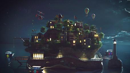 Floating Fantasy Town at Night wallpaper