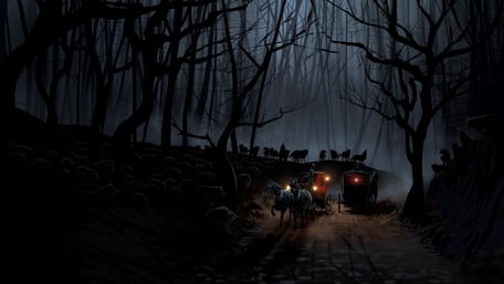 Mystical Carriage Ride Through an Eerie Forest wallpaper