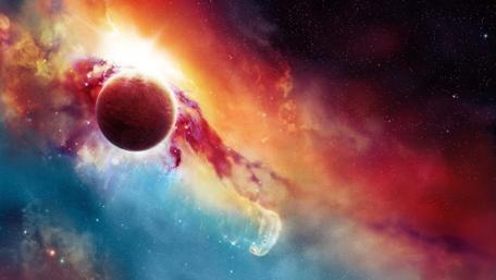 Vibrant Cosmic Scene with Distant Planet Orbital wallpaper