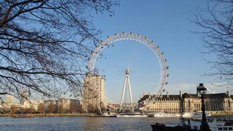 Majestic Ferris Wheel Over Riverside Cityscape wallpaper
