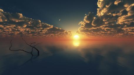 Serene Desert Sunrise Over Tranquil Waters wallpaper