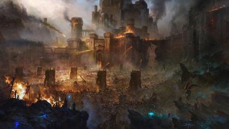 Epic Fantasy Battle Unfolds in Shadowy Fortress wallpaper