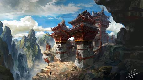 Majestic Mountain Temple in a Fantasy Landscape wallpaper