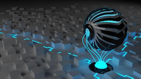 Futuristic Energy Sphere in Digital Landscape wallpaper
