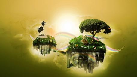 Whimsical Fantasy Islands Under a Golden Sky wallpaper