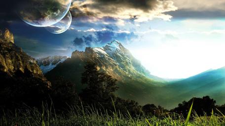 Futuristic Mountain Landscape with Twin Planets wallpaper