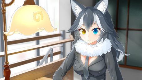 Mysterious Gray Wolf Girl in a Cozy Room wallpaper