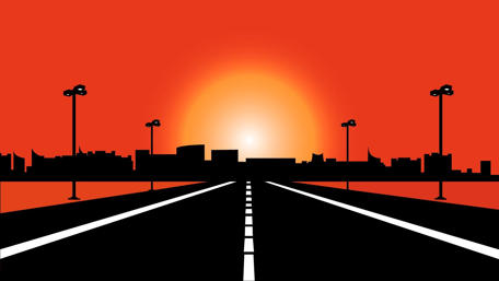 Sunset Road to the City Skyline wallpaper