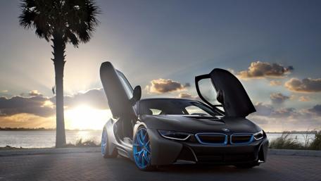Sleek BMW i8 Against a Stunning Sunset wallpaper
