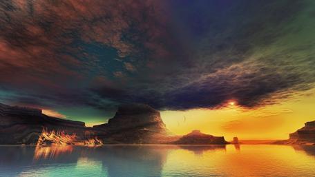 Serene Sunset Over Futuristic Landscape wallpaper