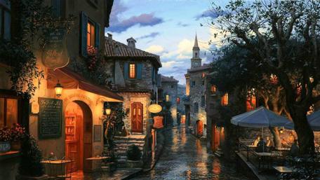 Rainy evening painting art wallpaper