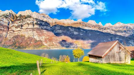 Cottage by the Lake and Mountains View wallpaper
