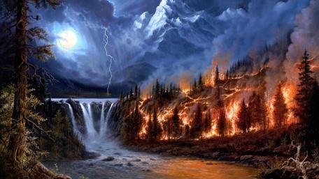 Fiery Nightfall by the Waterfall wallpaper