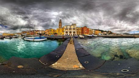 Vibrant Coastal Cityscape with Fisheye Perspective wallpaper