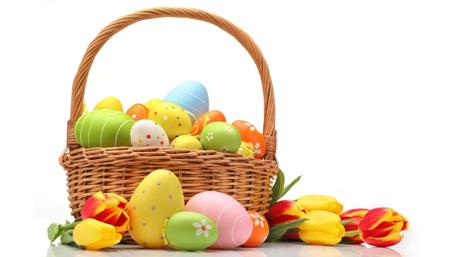 Bright Easter Basket with Colorful Eggs and Tulips wallpaper