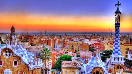 Sunset Over Barcelona Cityscape Landscape Scene wallpaper