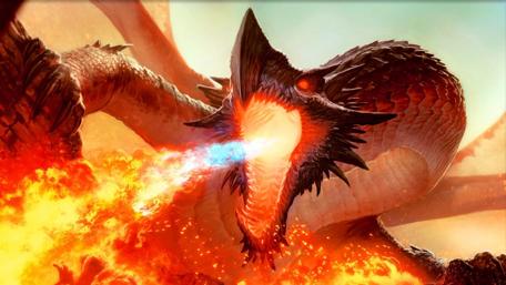 Fierce Dragon Breathing Fire Amidst Chaos wallpaper