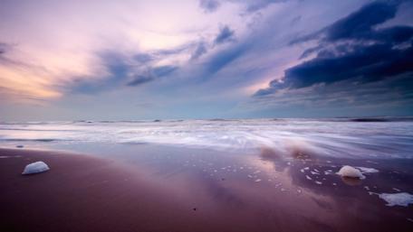 Serene Shoreline Under Cloudy Skies wallpaper