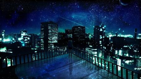 Starry Night over Anime Cityscape wallpaper