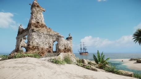 Mysterious Island Ruins Under Blue Skies wallpaper