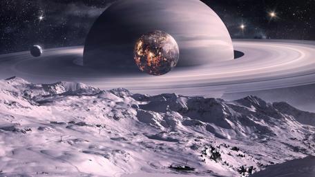 Snowy Peaks Under a Cosmic Sky wallpaper