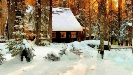 Enchanted Winter Cabin in a Mystical Forest wallpaper