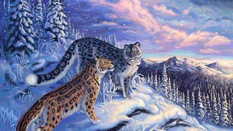 Winter Majesty of Snow Leopards in Artful Splendor wallpaper