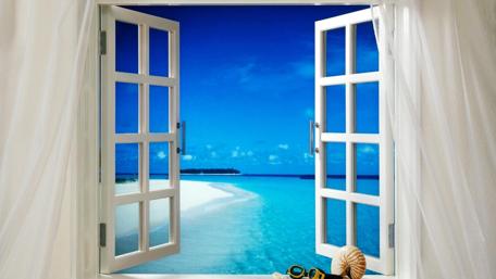Serene Beach View Through Open Windows wallpaper