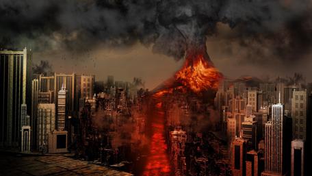 Volcanic Fury Over Cityscape Fantasy World wallpaper