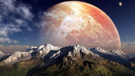 Futuristic Mountain Landscape with Giant Planet wallpaper