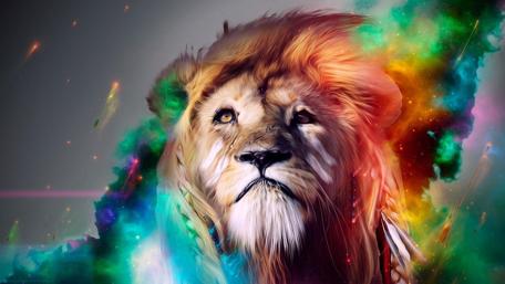 Majestic Lion Surrounded by Cosmic Colors wallpaper
