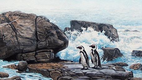 Penguins on a Rocky Shore: A Wildlife Artwork by Johan Hoekstra wallpaper